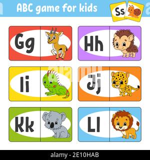 Legen Sie ABC-Flash-Karten fest. Alphabet für Kinder. Lernbriefe. Arbeitsblatt zur Entwicklung von Schulungen. Aktivitätsseite für die Studie Englisch. Spiel für Kinder. Komischer Kanal Stock Vektor