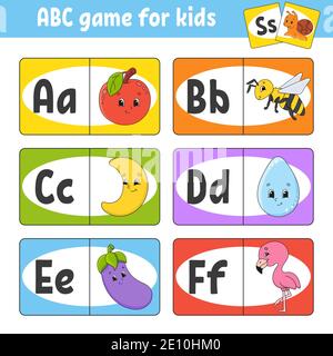 Legen Sie ABC-Flash-Karten fest. Alphabet für Kinder. Lernbriefe. Arbeitsblatt zur Entwicklung von Schulungen. Aktivitätsseite für die Studie Englisch. Spiel für Kinder. Komischer Kanal Stock Vektor