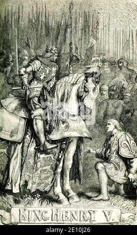 King Henry V Akt IV Szene 7. Diese Szene ergänzt William Shakespeares Tragödie mit dem Titel König Heinrich V. Sie illustriert eine Szene in Akt IV Szene 7 und zeigt den König und einen Mann auf den Knien vor ihm. Die Illustration ist von Sir John Gilbert (1817-1897), bekannt für seine fruchtbare Illustration von Shakespeares Werken. Shakespeare wurde 1564 geboren und starb 1616. Das Buch stammt aus dem Jahr 1887. Stockfoto