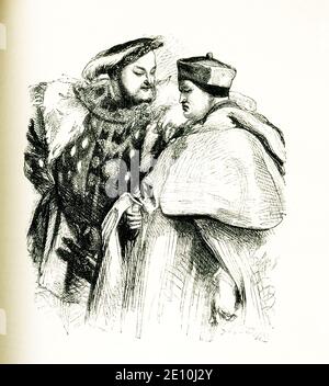 Diese Szene ergänzt William Shakespeares Tragödie mit dem Titel Henry VIII Es illustriert Linien in Akt I Szene II. Hier sind Heinrich VIII. Und Kardinal Wolsey zu sehen. Die Illustration ist von Sir John Gilbert (1817-1897), bekannt für seine fruchtbare Illustration von Shakespeares Werken. Shakespeare wurde 1564 geboren und starb 1616. Das Buch stammt aus dem Jahr 1887. Stockfoto