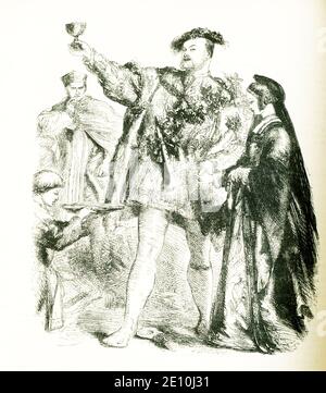 Diese Szene ergänzt William Shakespeares Tragödie mit dem Titel Henry VIII Es illustriert Linien in Akt I Szene IV. Hier sind Henry VIII, Anne Boleyn und Kardinal Wolsey zu sehen. Die Illustration ist von Sir John Gilbert (1817-1897), bekannt für seine fruchtbare Illustration von Shakespeares Werken. Shakespeare wurde 1564 geboren und starb 1616. Das Buch stammt aus dem Jahr 1887. Stockfoto