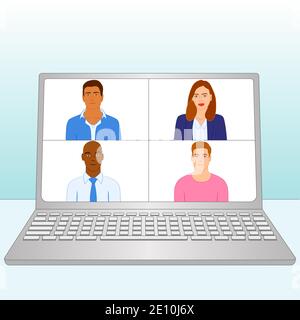 Bleiben Sie während der Coronavirus Covid-19 Pandemie von zu Hause aus bei der Arbeit. Videokonferenz-Illustration. Arbeitsplatz, Laptop-Bildschirm, Gruppe von Personen, die nach Inter sprechen Stock Vektor