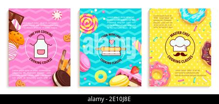 Set von Bannern für Kochkurse und courses.Kitchen Symbole für die Bildung in Lebensmittel-Studio mit Süßigkeiten, Cupcake, Schokolade, Donut, Süßigkeiten, Makronen, Kuchen für Stock Vektor