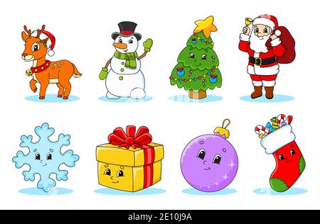 Set von weihnachten niedlichen Comic-Figuren. Hirsch, Schneemann, Baum, weihnachtsmann, Schneeflocke, Geschenk, Kugel, Socke. Frohes neues Jahr. Wintersticker. Farbvekt Stock Vektor