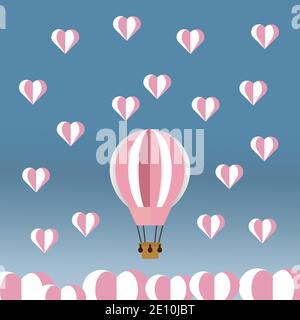 Romantischer Ballon mit Liebeswolken auf blauem Hintergrund. Valentinstag Stock Vektor