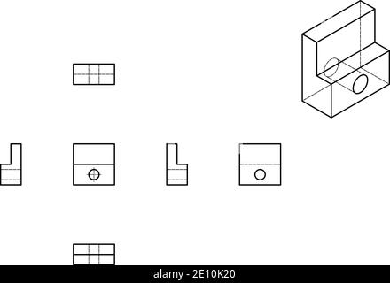 Technische Zeichnung mit perspektivischen und orthogonalen Ansichten. Stock Vektor