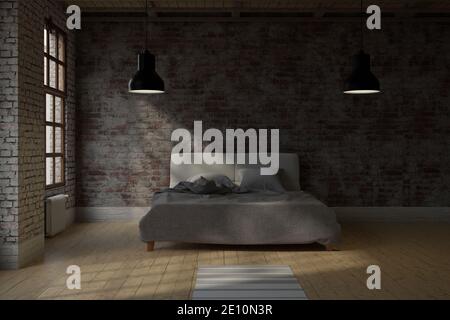 3d-Rendering von Vintage Studio Loft mit Bett und Industrie Leuchtet Stockfoto