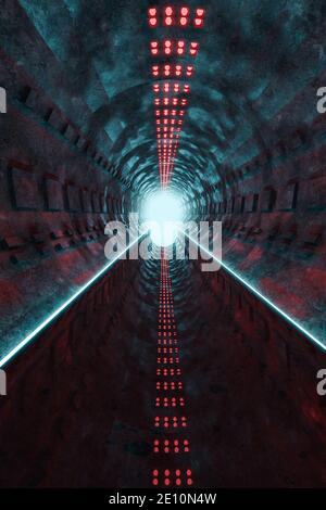 3d-Rendering von nassen dunklen Tunnel mit blauen Begrenzungen und Helles Licht am Ende des Tunnels Stockfoto