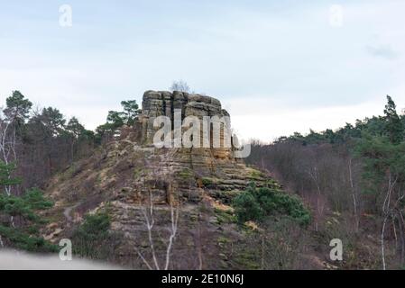 Klusfelsen in der Klusberge, Bergkette am Fuße des Harzes mit Sandsteinhöhlen. Halberstadt, Sachsen-Anhalt, Deutschland Stockfoto