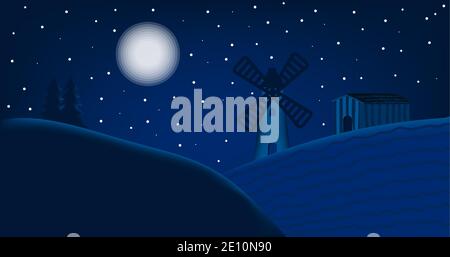 Nachtlandschaft mit Mond, Windmühle und Scheune Vektor-Illustration Stock Vektor
