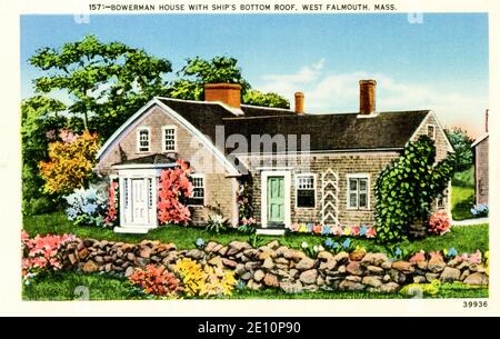 Bowerman House (oder Saconesset Homestead) mit Schiffsunterdach, West Falmouth, MA Stockfoto