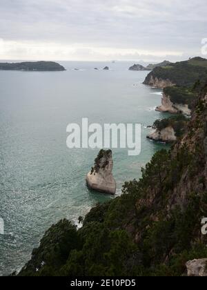 Panoramablick auf die Felsformation Te Hoho in der Cathedral Cove Hahei Beach pazifischer Ozean Coromandel Peninsula Nordinsel Neuseeland Ozeanien Stockfoto