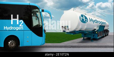 Touristenbus auf Wasserstoff-Kraftstoff mit H2-Tankanhänger an Ein Hintergrund von grünem Feld und blauen Himmel Stockfoto