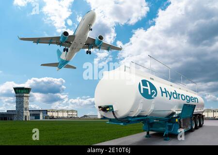 Flugzeug und Wasserstofftankanhänger auf dem Hintergrund des Flughafens. Neue Energiequellen Stockfoto