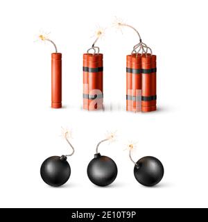 Set von Dynamite Bomb mit brennender Wick und schwarze Kugel Bombe. Militärische Detonate-Waffe. Vektorgrafik Stock Vektor