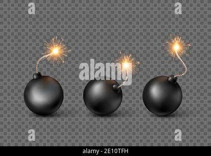 Bombenset. Brennende Sicherung schwarze Bombe in realistischem Stil. Vektordarstellung isoliert auf transparentem Hintergrund Stock Vektor