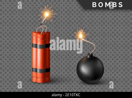 Dynamit Bombe mit brennender Wick und schwarzer Kugel Bombe. Militärische Detonate Rote Waffe. Vektorgrafik Stock Vektor