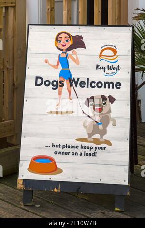 Hunde Willkommen, aber bitte halten Sie Ihre Besitzer auf einem Bleihumorvollen Schild außerhalb von Key West auf Bournemouth Pier, Bournemouth, Dorset UK im Dezember Stockfoto