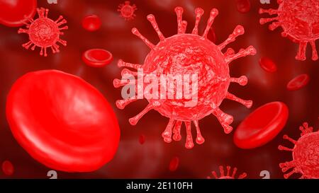 COVID-19 und rote Blutkörperchen. Mikroskop der Coronavirus-Krankheit. Medizinisches Konzept für Pandemievorsorge. 3D-Rendering-Illustration. Stockfoto