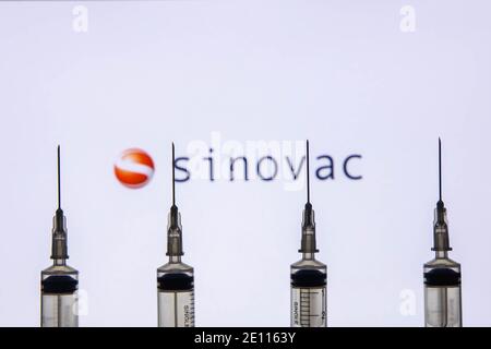 Kathmandu, Nepal - Januar 03 2021: Nahaufnahme einer Spritze gegen das Sinovac-Logo Stockfoto