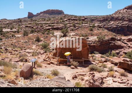 Ein Paar unter einem gelben Schirm, das die indianische Rockkunst auf dem Birthing Rock, Kane Creek Road, Moab, Utah, USA, betrachtet. Stockfoto