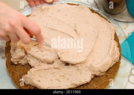 Arbeitsprozess des Backens Kuchen zu Hause. Nahaufnahme der weiblichen Hand Belag Creme auf Schokolade Biscuit. Kulinarisches und köstliches Dessertkonzept. Stockfoto
