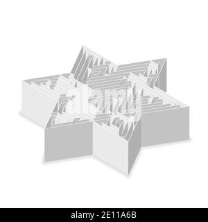 Sternförmig kompliziertes graues Labyrinth in isometrischer Ansicht auf Weiß Stock Vektor