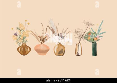 Set von Blumensträußen in Vasen in Pastelltönen Stock Vektor