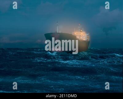 Beleuchteter Tanker Auf Dem Meer Während Der Nacht Stockfoto