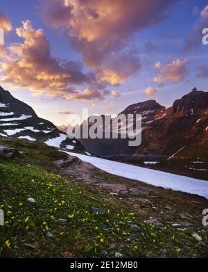 Sonnenuntergang am Logan Pass des Glacier National Park oberhalb der Going-to-the-Sun Road und der Garden Wall mit Gletscherlilien im Vordergrund. Stockfoto