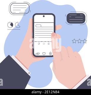 Eine Hand hält das Telefon, die andere zeigt auf den Bildschirm. Vektorgrafik Stock Vektor
