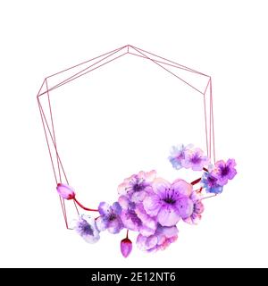 Kirschblüte, Kirschblüte Zweig mit hellen Fliederblüten auf einem geometrischen Rahmen auf einem isolierten weißen Hintergrund. Bild des Frühlings. Aquarell Stockfoto