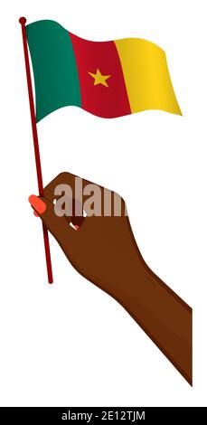Weibliche Hand hält sanft kleine Kamerun Flagge. Design-Element Urlaub. Cartoon-Vektor auf weißem Hintergrund Stock Vektor