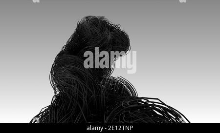 Dunkle Glasfaserkabel, Hyper realistische mehrere verdrillte Drähte oder Kabel isoliert auf hellgrauem Hintergrund, Technologie- und Industriekonzept, 4k Hi Stockfoto