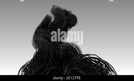 Dunkle Glasfaserkabel, Hyper realistische mehrere verdrillte Drähte oder Kabel isoliert auf hellgrauem Hintergrund, Technologie- und Industriekonzept, 4k Hi Stockfoto