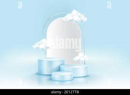Podium mit Wolken, abstrakter Hintergrund mit geometrischen Figuren, leere zylindrische Bühne für Preisverleihung, Produktpräsentationsplattform, Sockel auf blauer Himmelskulisse, realistisches 3d-Vektor-Konzept Stock Vektor