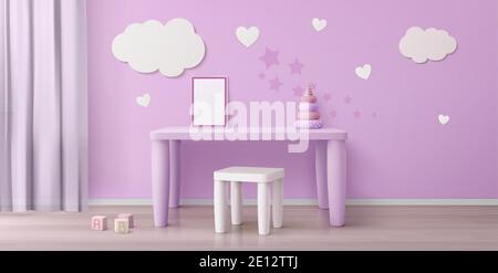 Kinderzimmer mit Kindertisch, Stuhl, weißem Poster und Wolken an der Wand. Vektor realistische Interieur von leerem Spielzimmer oder Kindergarten mit Pyramidenspielzeug auf rosa Schreibtisch. 3d-Mockup des leeren Bilderrahmens Stock Vektor