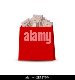 Nahaufnahme Geld in Tasche auf weißem Hintergrund Stockfoto