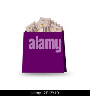 Nahaufnahme Geld in Tasche auf weißem Hintergrund Stockfoto