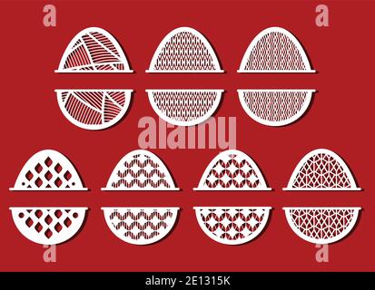 Ostereier-Set. Weiße, ornamentale, strukturierte Eier zum Laserschneiden auf rotem Hintergrund. Geometrie Nahtloses Muster in Ei-Form Stock Vektor