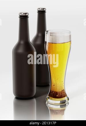 Zwei Bierflaschen und ein Glas Bier isoliert auf weißem Hintergrund. 3D-Illustration. Stockfoto