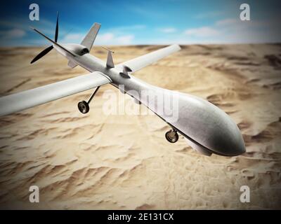 Weiße militärische unbemannte Drohne in der Luft. 3D-Illustration. Stockfoto