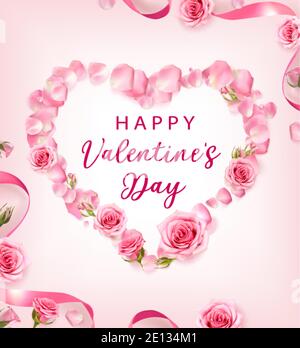 Valentinstag Hintergrund mit Rosenblüten und Rosenknospen geformt ein Herz. Rosenblüten mit rosa Band auf rosa Hintergrund. realistischer 3D-Vektor Stock Vektor