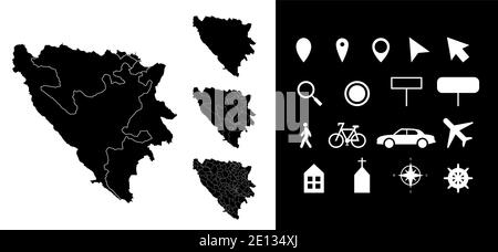 Karte von Bosnien und Herzegowina Verwaltungsregionen Abteilungen mit Symbolen. Karte Position Stift, Pfeil, aussehendes Glas, Schild, Mann, Fahrrad, Auto, Luft Stock Vektor