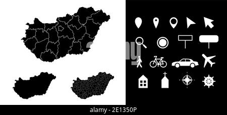 Karte von Ungarn Verwaltungsregionen Abteilungen mit Symbolen. Karte Position Stift, Pfeil, schauen Glas, Schild, Mann, Fahrrad, Auto, Flugzeug, Haus. R Stock Vektor