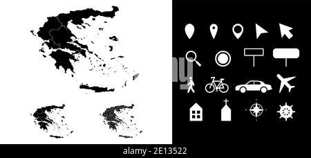 Karte von Griechenland Verwaltungsregionen Abteilungen mit Symbolen. Karte Position Stift, Pfeil, schauen Glas, Schild, Mann, Fahrrad, Auto, Flugzeug, Haus. Ro Stock Vektor