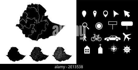 Karte von Äthiopien Verwaltungsregionen Abteilungen mit Symbolen. Karte Position Stift, Pfeil, schauen Glas, Schild, Mann, Fahrrad, Auto, Flugzeug, Haus. Stock Vektor