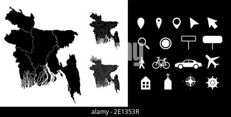 Karte von Bangladesch Verwaltungsregionen Abteilungen mit Symbolen. Karte Position Stift, Pfeil, schauen Glas, Schild, Mann, Fahrrad, Auto, Flugzeug, Haus Stock Vektor