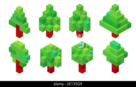 Satz von Bäumen in isometrischer Ansicht aus Plastikziegeln gesammelt. Nadelholz und Laub. Weihnachtsbaum. Vektorgrafik Stock Vektor