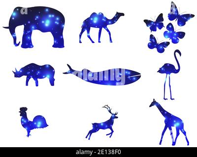 Tierkontur mit glühenden Lichtteilchen. Doppelter Belichtungsbereich. Leuchtendes Licht. Elefant, Nashorn, Wal, Giraffe, Kamel und andere. Vektorgrafik Stock Vektor